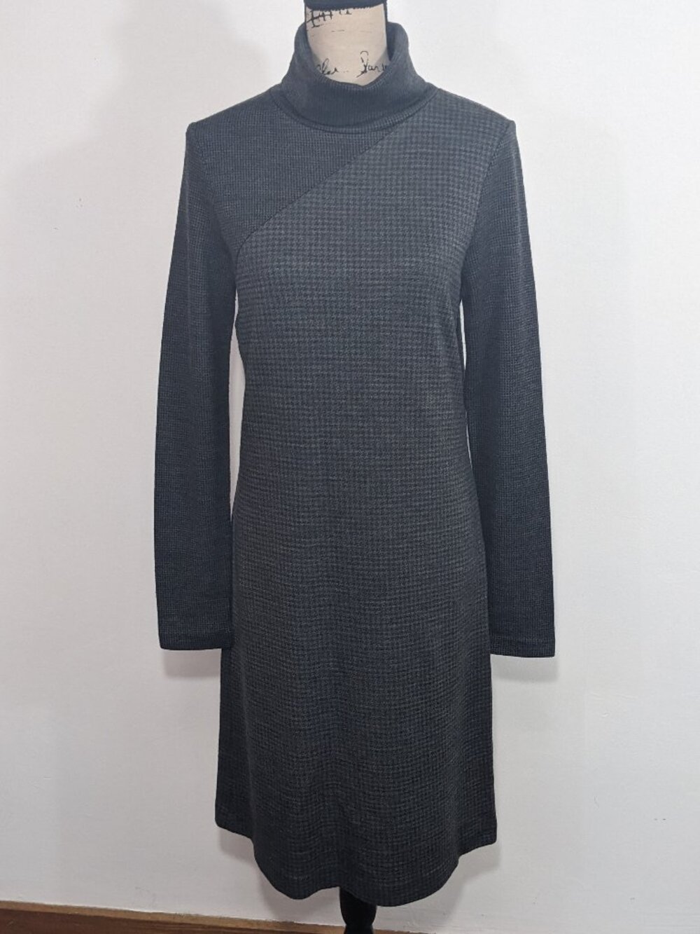 Theory Tajello Delfina Houndstooth Wool Blend Turtleneck Sweater Dress L